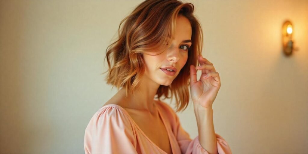 Flowy feathered medium cut with shiny tones and darker roots, woman in soft pink blouse in romantic background