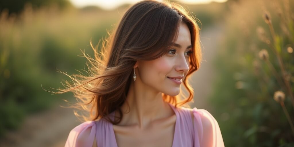 Realistic image of a woman with layered hair and side-swept bangs in a pastel dress, standing in a romantic garden.