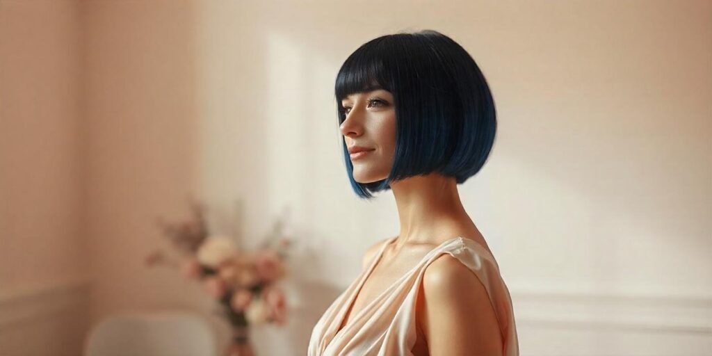 Realistic image of a woman with a chic blunt bob hairstyle, wearing a pastel dress in a romantic setting.