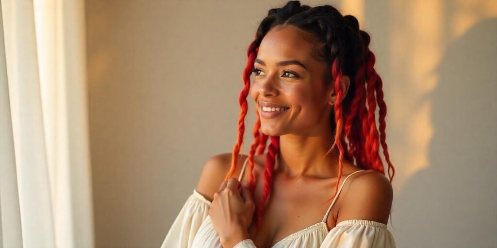A woman with vibrant Sisterlocs hairstyle, dressed in a romantic cream-colored dress, poses confidently with a soft, dreamy background. Her neck and hair look natural.