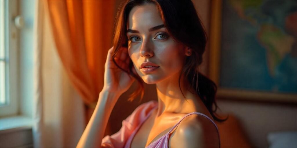Realistic image of a woman with subtly lightened dark hair, wearing a pastel dress in a romantic setting, showcasing a flattering, vibrant look.