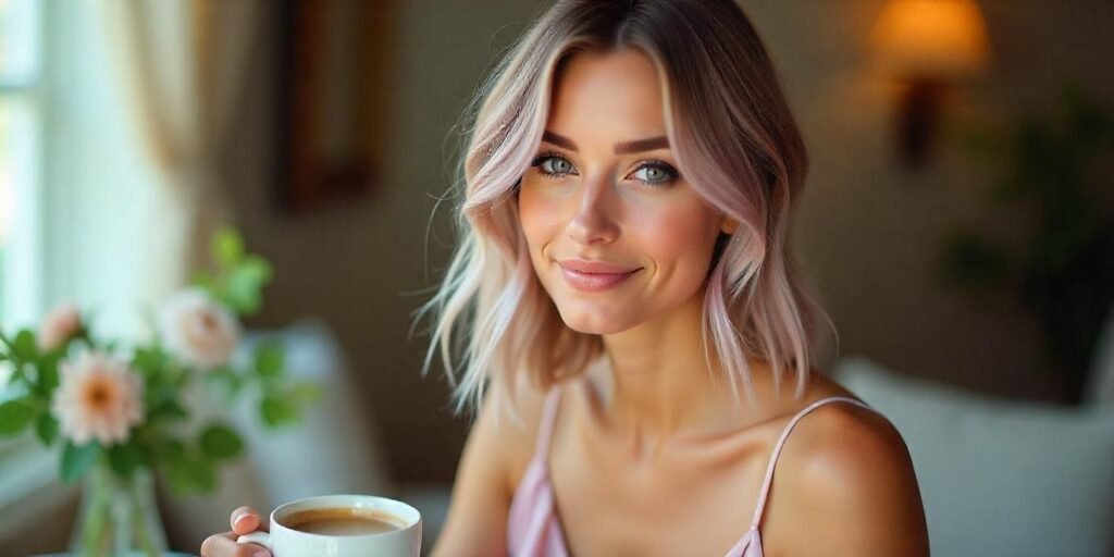 Layered blend hairstyle with lighter ends for contrast and fullness, captured in a romantic setting with a soft pastel dress.