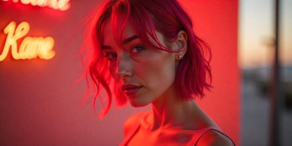 "Vibrant cranberry hair with piece-y texture adding movement, soft pink dress, and romantic background"