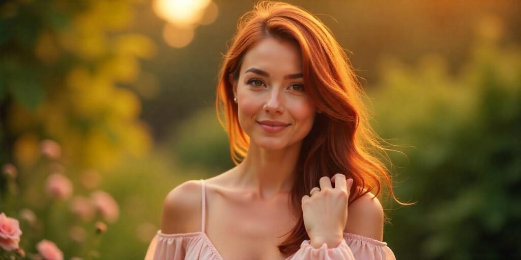 "Beautiful woman with deep reddish-brown hair, enhancing its richness with natural roots, wearing a light pink romantic dress in a serene garden."