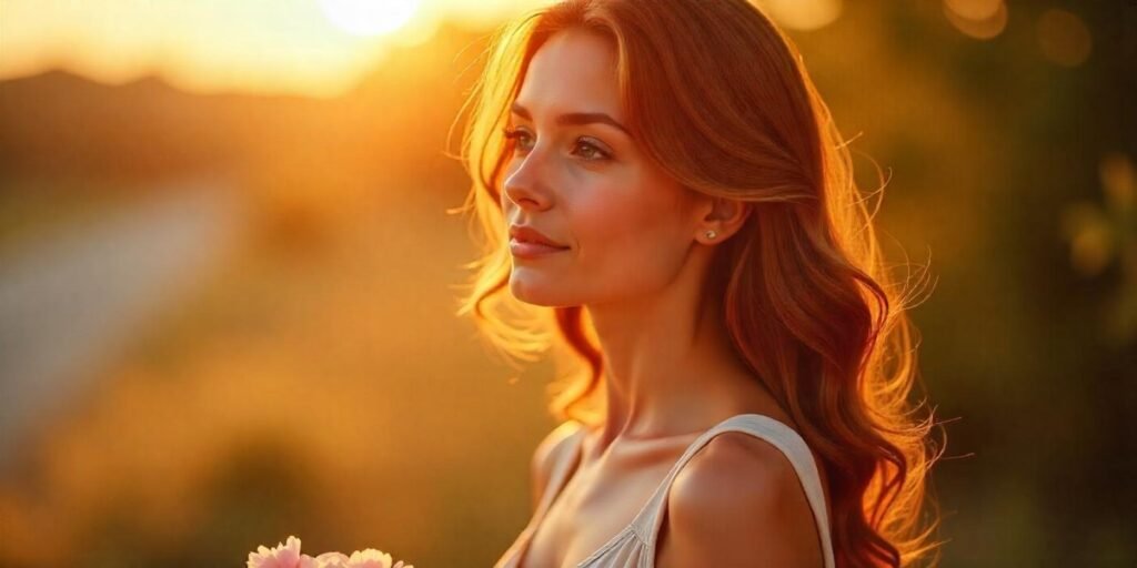 Warm glowing waves hairstyle with a glossy finish, vibrant texture, and romantic background, showcasing a chic and healthy look.