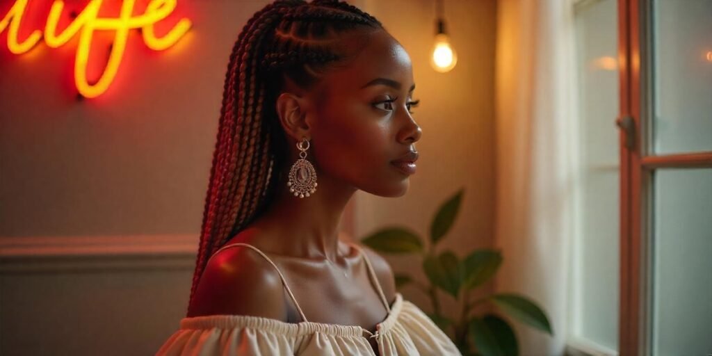 Fulani braids with a rich root transition creating a bold, radiant look. A graceful woman in a light-colored dress stands confidently, with a romantic background.