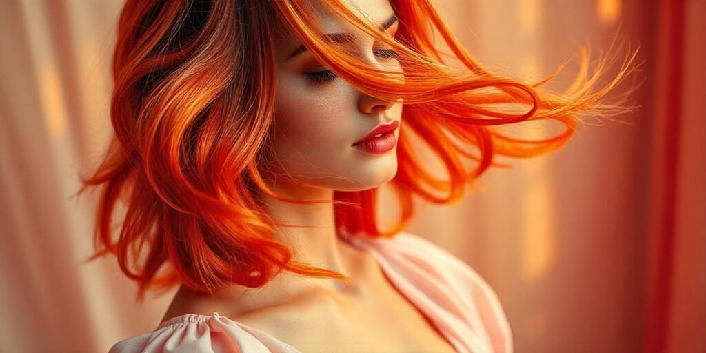 "Vibrant, pigmented hair with fullness and natural shine, styled with a romantic pastel dress."