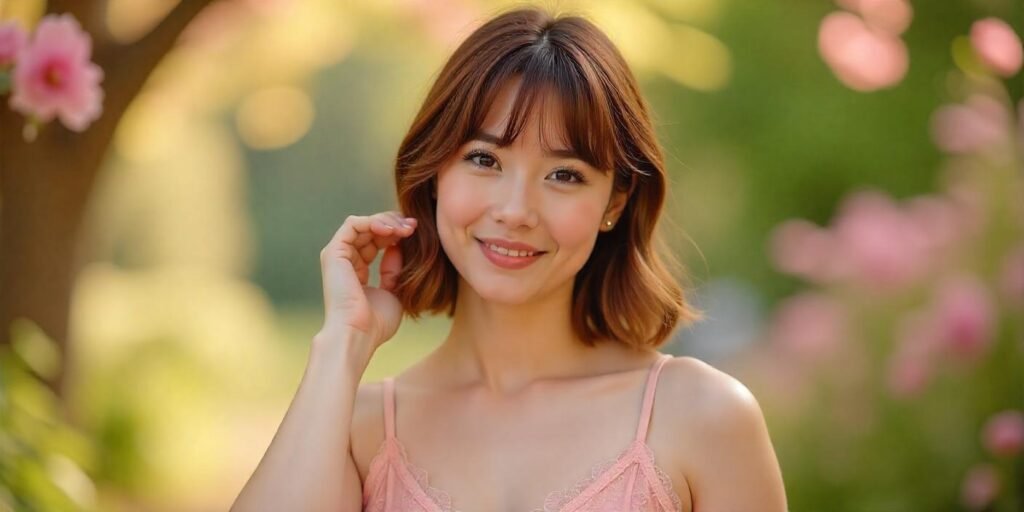 Woman with modern feathered haircut and bangs wearing a pastel pink dress in a romantic garden setting.
