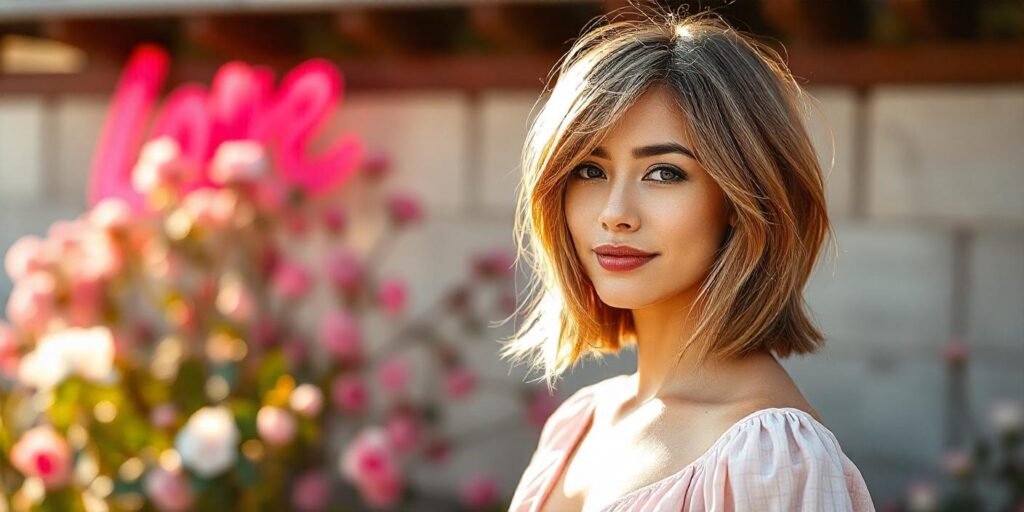 Woman with medium layered haircut in a pastel pink dress, showcasing textured hairstyle in a romantic outdoor setting.