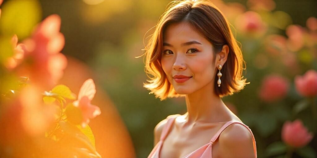 "Woman with short feathered haircut in pastel pink dress in romantic garden setting"