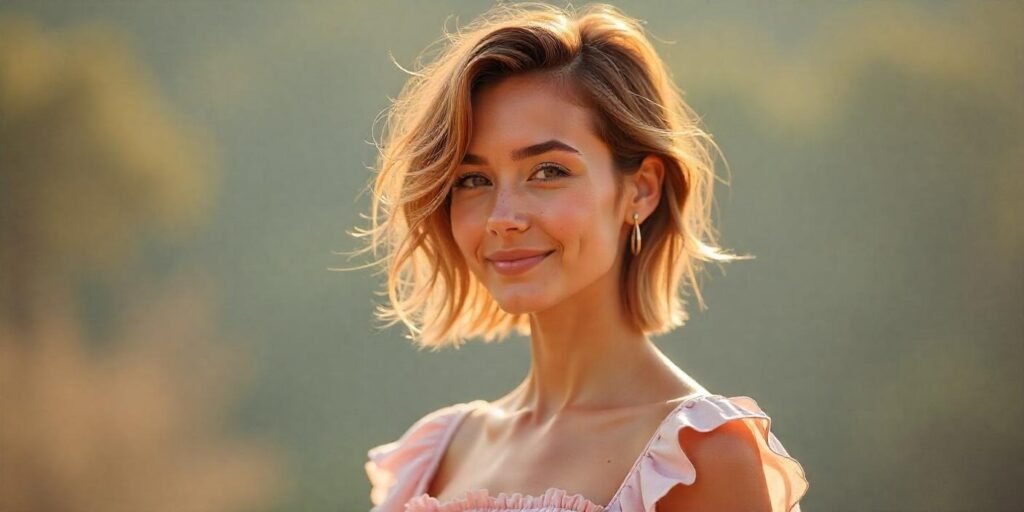 Woman with collarbone-length wolf cut and Japanese feathering in romantic setting wearing pastel pink dress.