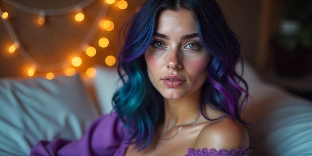 Realistic image of a woman with oil-slick color melt lob hair in midnight blue, emerald, and plum, wearing a purple dress.
