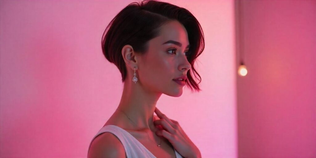 Collarbone-length flip hairstyle with geometric undercut, textured with a romantic background
