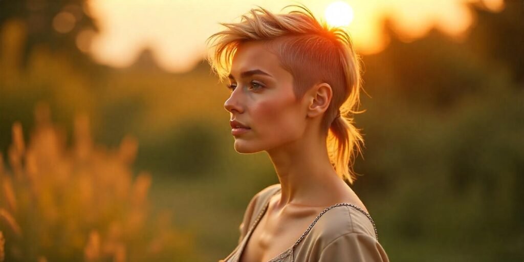 Textured mini-mullet for collarbone-length hair, styled with layers, grunge look, in romantic outdoor setting