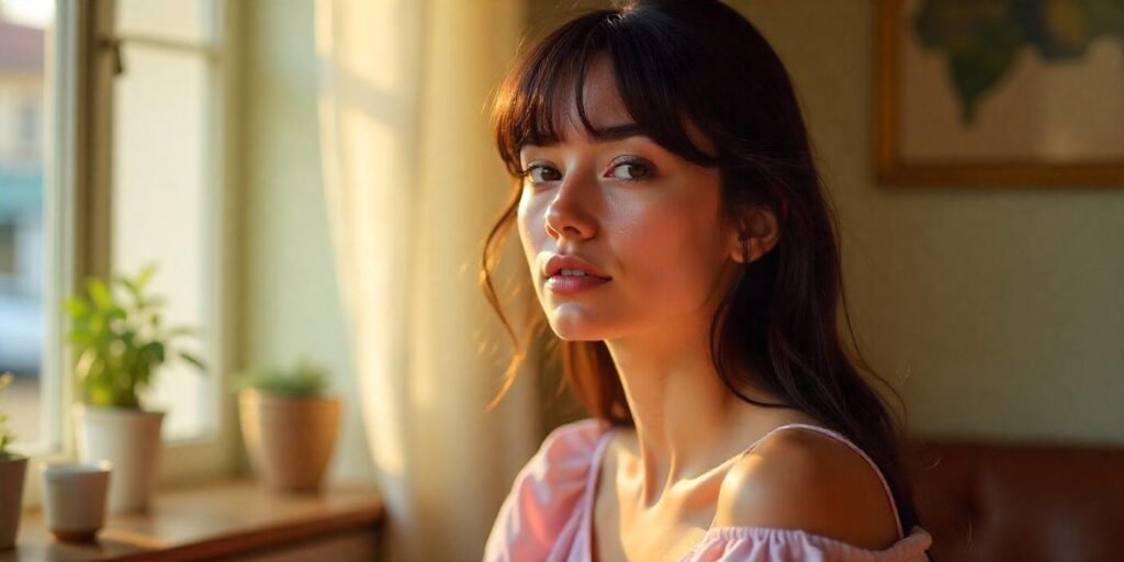 Realistic photo of a woman with micro bangs and collarbone curtain layers styled for a French-girl aesthetic in soft pastel dress.