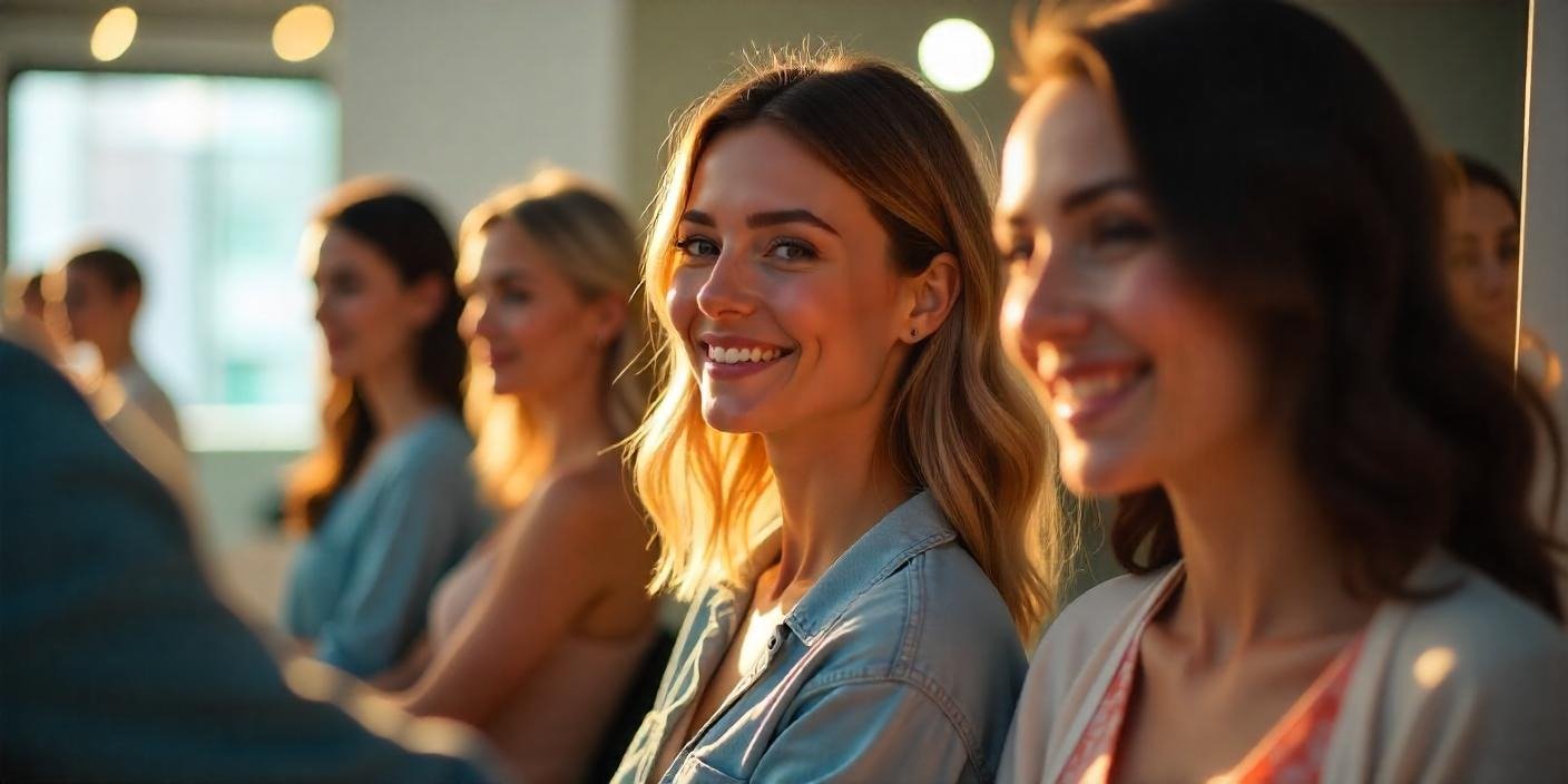 Women with collarbone-length hairstyles in a modern salon showcasing sleek bobs wavy layers and face-framing highlights.