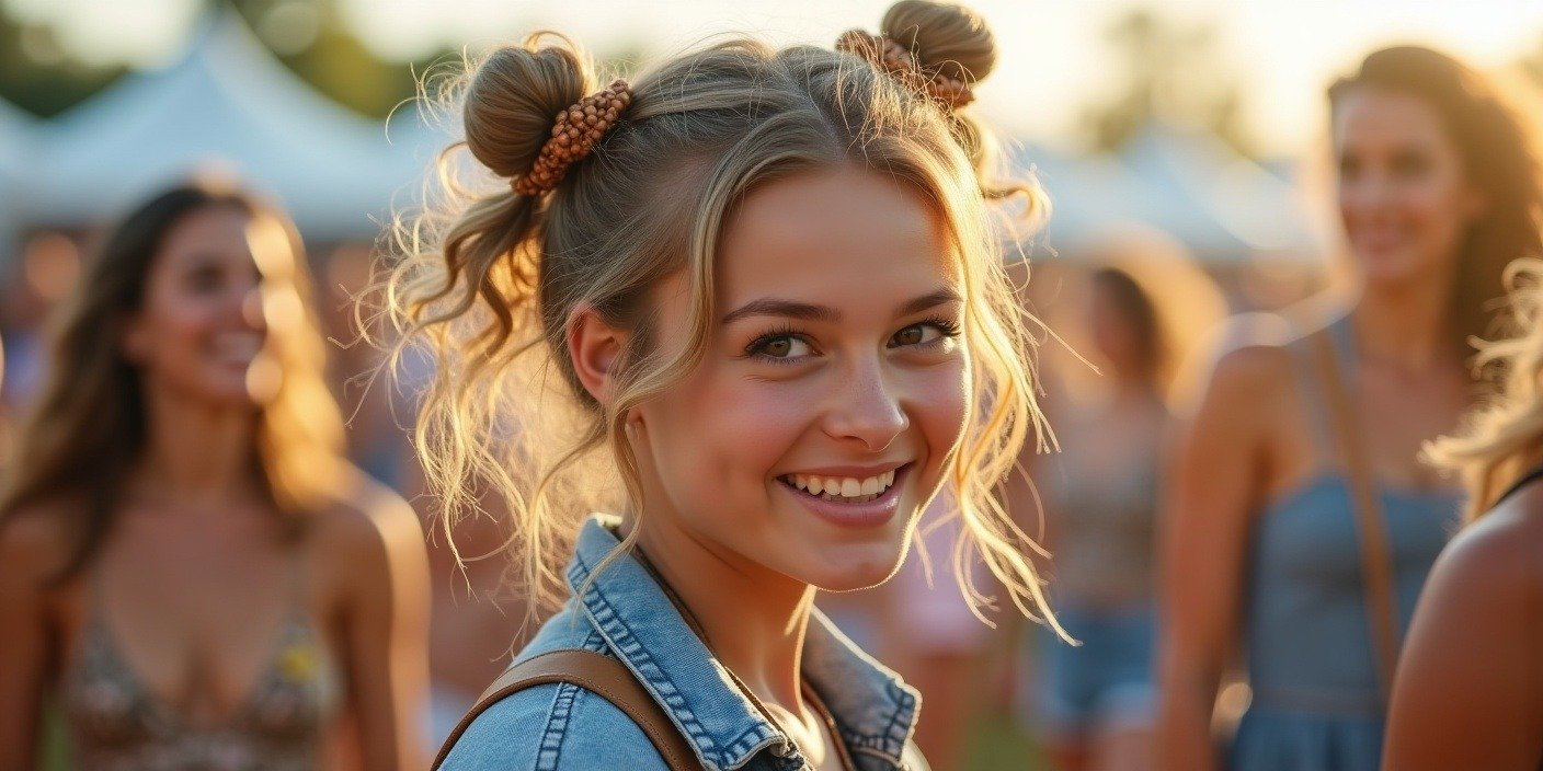 Woman with textured 3 buns hairstyle, styled casually for a relaxed, fun vibe at a festival or gathering.