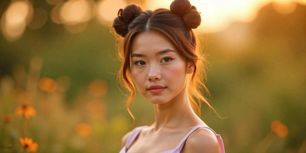 "Realistic photo of a woman with 3 buns hairstyle in a soft pastel dress, romantic outdoor background."