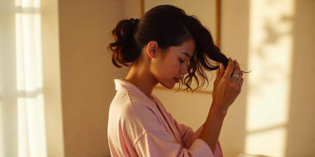 Woman towel-drying hair and applying serum in a romantic setting to prepare hair for styling.