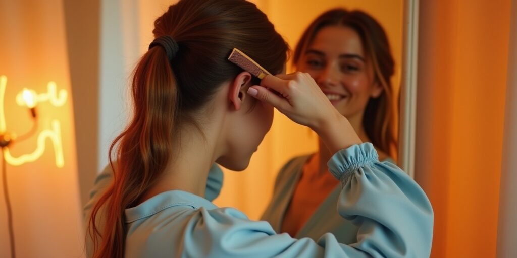 "Image of a woman sectioning her hair into three equal parts for a smooth, neat bun, with a romantic background."
