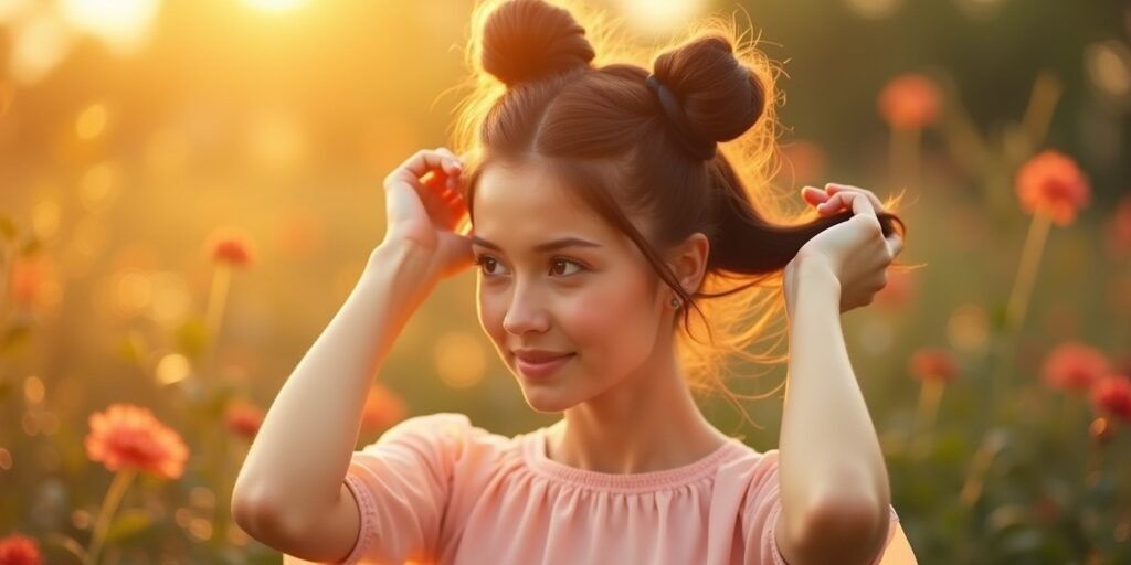 Woman twisting hair into a bun with elastic band in a romantic garden setting.