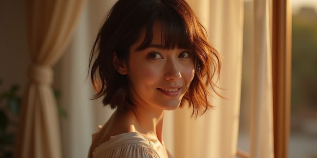 Uneven short razored bob with side bangs in a romantic garden setting, stylish and natural hair