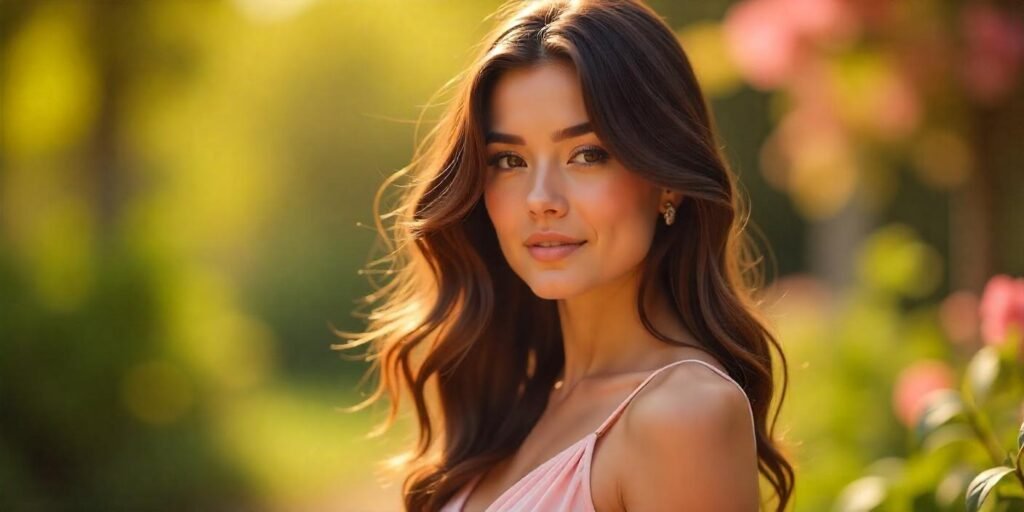 Brightened brunette hair with long layers and ombre technique, in a romantic outdoor garden setting.