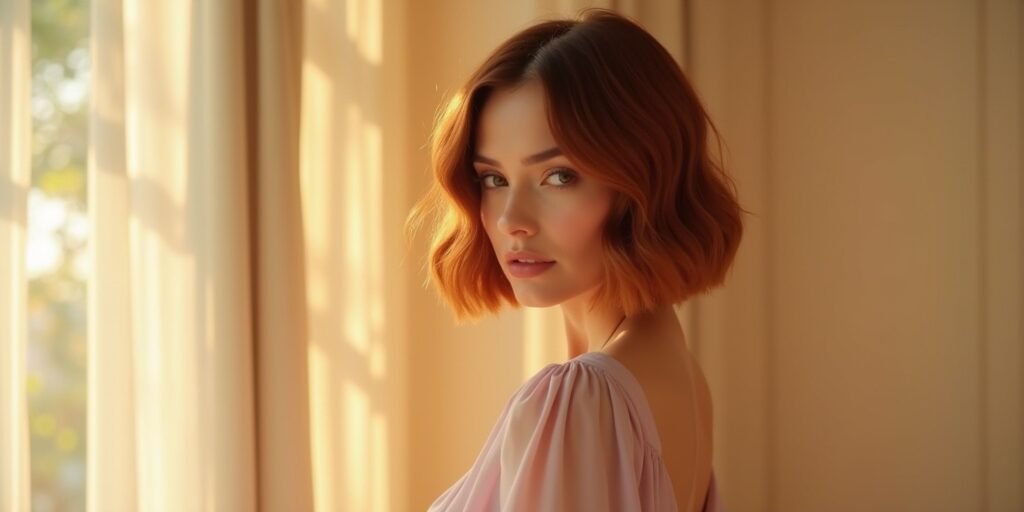 Woman with graduated short bob haircut in copper and caramel tones, wearing a pastel dress in a romantic setting.