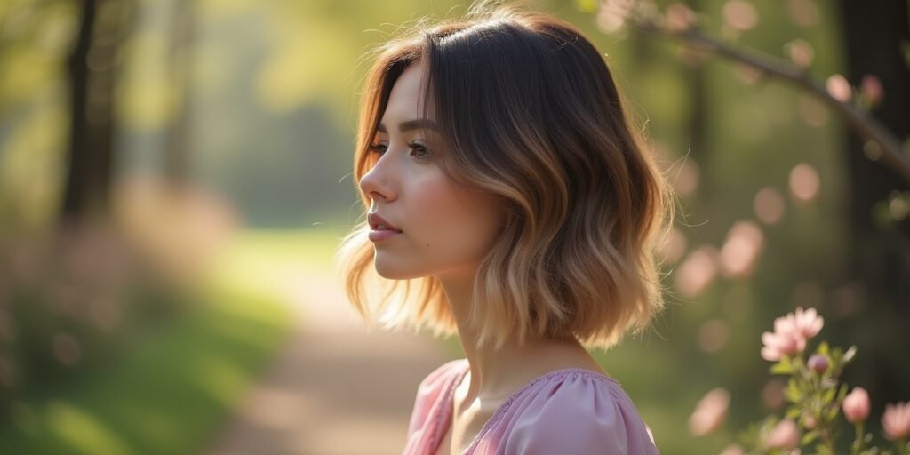 Woman with inverted bob haircut and bronde balayage, wearing a pastel dress in a romantic outdoor setting.22