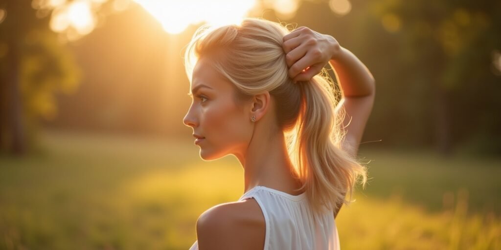 Woman with inverted sliced lob hairstyle and creamy golden-blonde balayage in a romantic outdoor setting