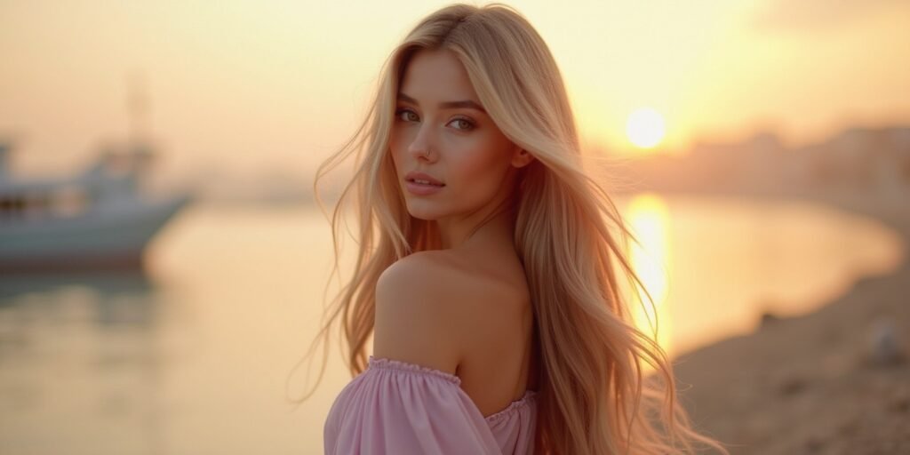 Realistic photo of a woman with long V cut hairstyle featuring flowy layers and romantic, soft background.