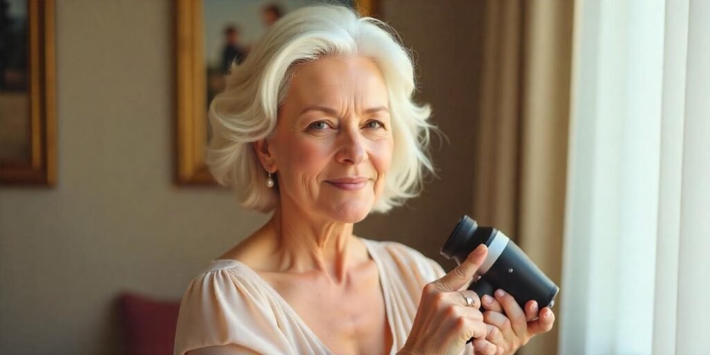 Real photo of a 50+ woman with thick, white hair styled in a modern gray wedge haircut, creating volume and texture with a blow dryer. She wears a light pastel dress in a romantic, softly lit background.