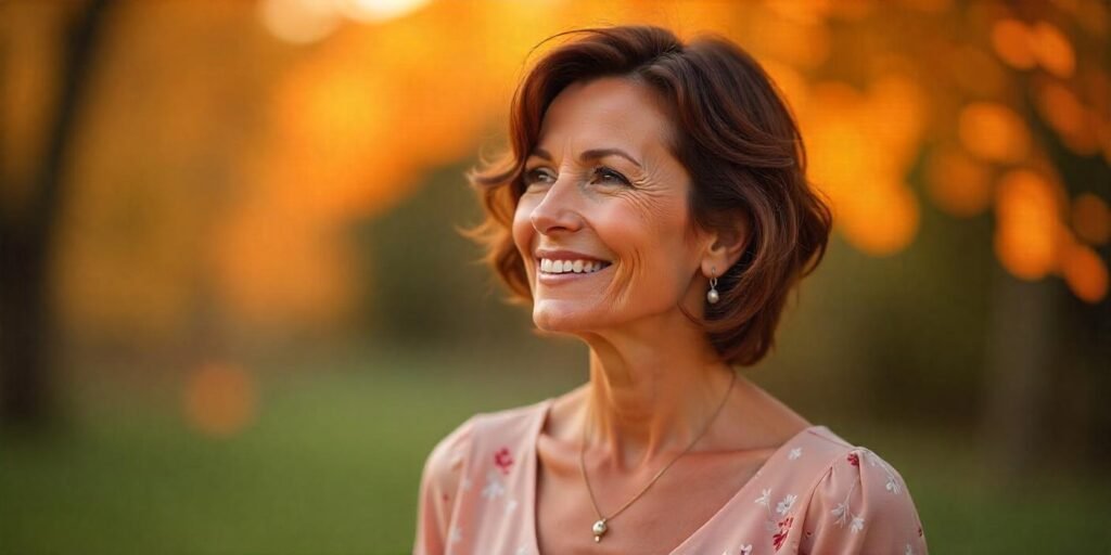 50+ woman with short layers styled in a wedge haircut, wearing a soft pink floral dress, standing in a romantic, warm-lit background.