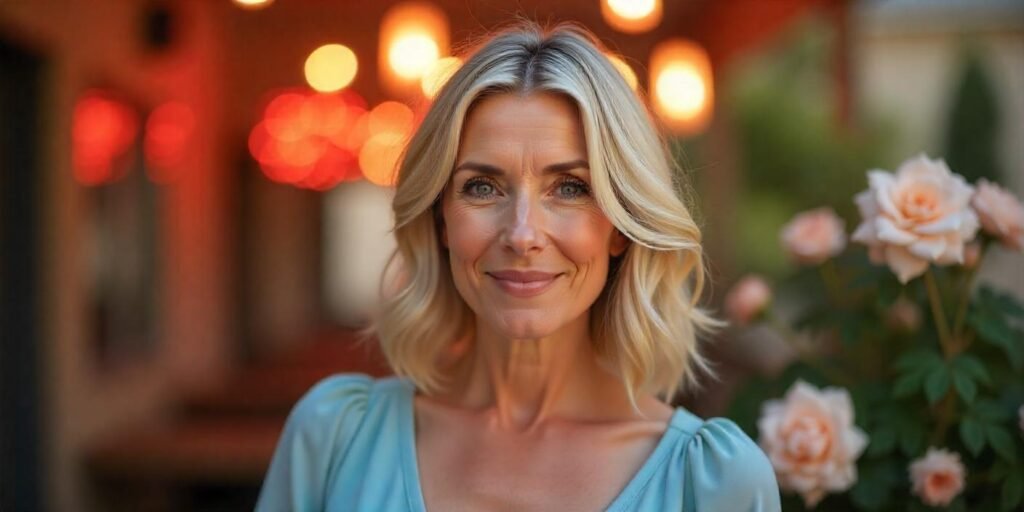 "Realistic photo of a woman aged 50+ with medium-length tapered haircut for thin hair, creating volume and texture, styled in a soft beachy look. The woman is wearing a pastel blue dress in a romantic setting."