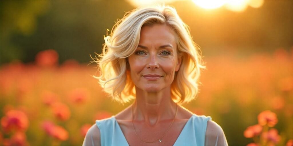 "50+ woman with voluminous wedge haircut and soft side bangs, wearing a pastel blue dress, in a romantic outdoor setting, showcasing a chic and sophisticated hairstyle."