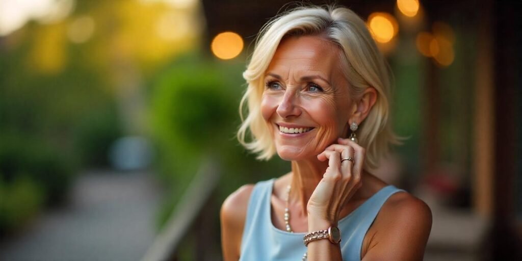 "Elegant wedge haircut for fine hair in light blonde, styled with layers for fullness and movement. A woman aged 50+ in a pastel-colored dress, set in a romantic, outdoor background."