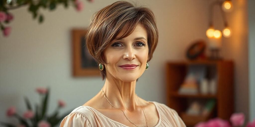"Realistic photo of a woman aged 50+ with a youthful pixie wedge haircut featuring brown and Brazilian tones with caramel highlights, dressed in a soft pastel-colored dress, in a romantic background."