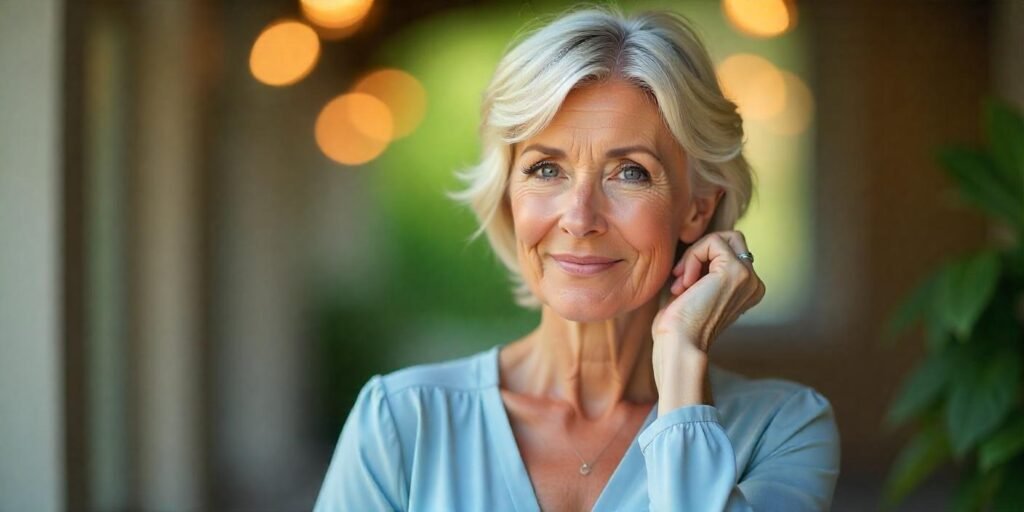 "Short wedge haircut with wispy bangs and light blonde highlights on a woman aged 50+, styled in a romantic setting with soft lighting and a pastel blue dress."