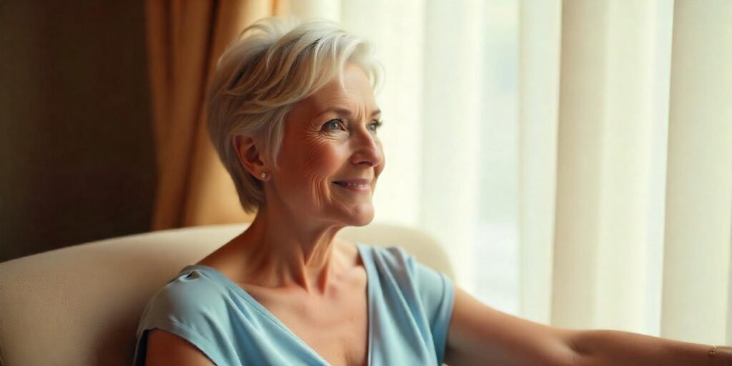 Chic woman aged 60+ with silver layered wedge haircut and subtle highlights, wearing a pastel blue dress in a romantic, softly lit setting.