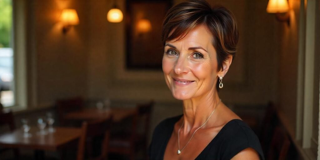 Realistic image of a woman aged 50+ with an edgy layered wedge haircut, styled with a texturizing spray to enhance her natural texture, wearing a black dress and standing in a romantic, softly lit café setting.
