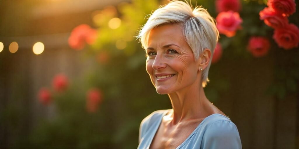 Realistic image of a woman aged 50+ with a textured choppy pixie cut, styled for a laid-back, casual yet polished look. She is wearing a pastel blue dress in a romantic outdoor garden setting.