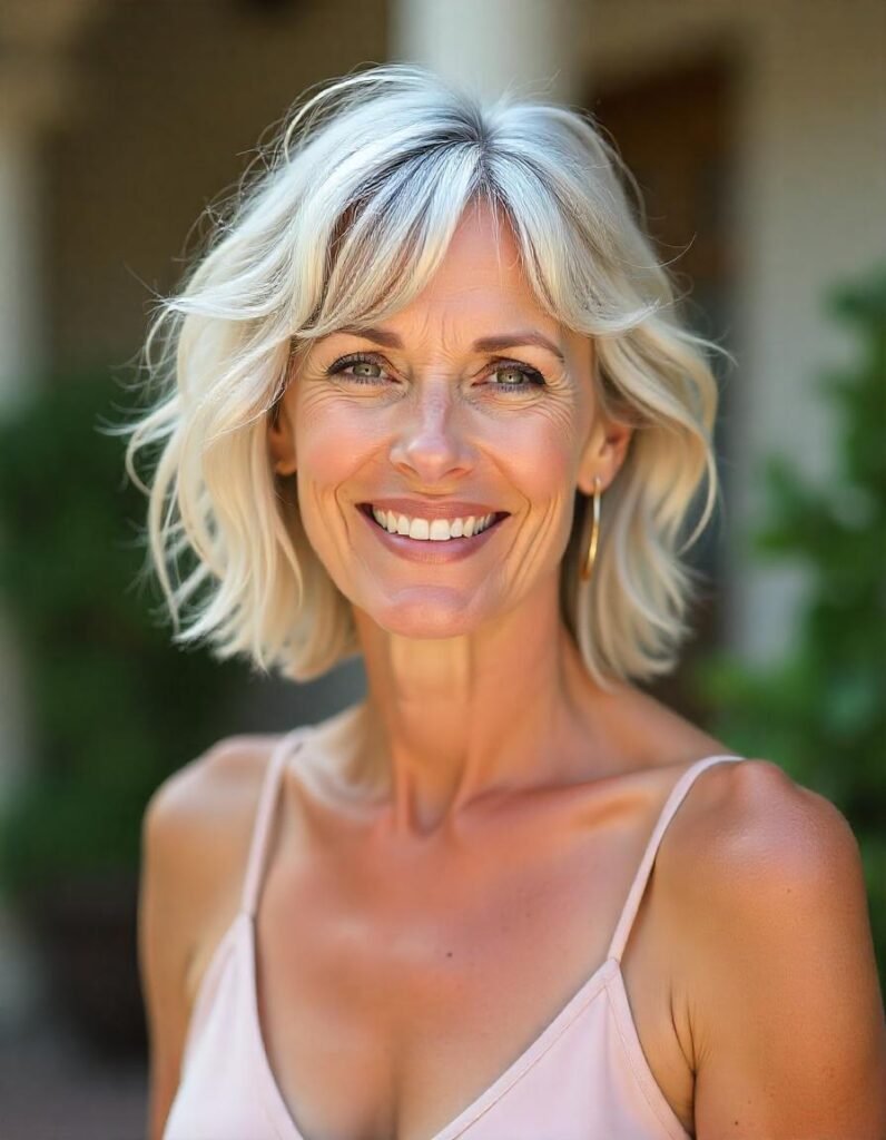 Realistic image of a woman over 50 with silver shaggy bob hairstyle and bangs, wearing a light beige dress, with a romantic background, showcasing a modern, chic, and easy-to-maintain hairstyle.