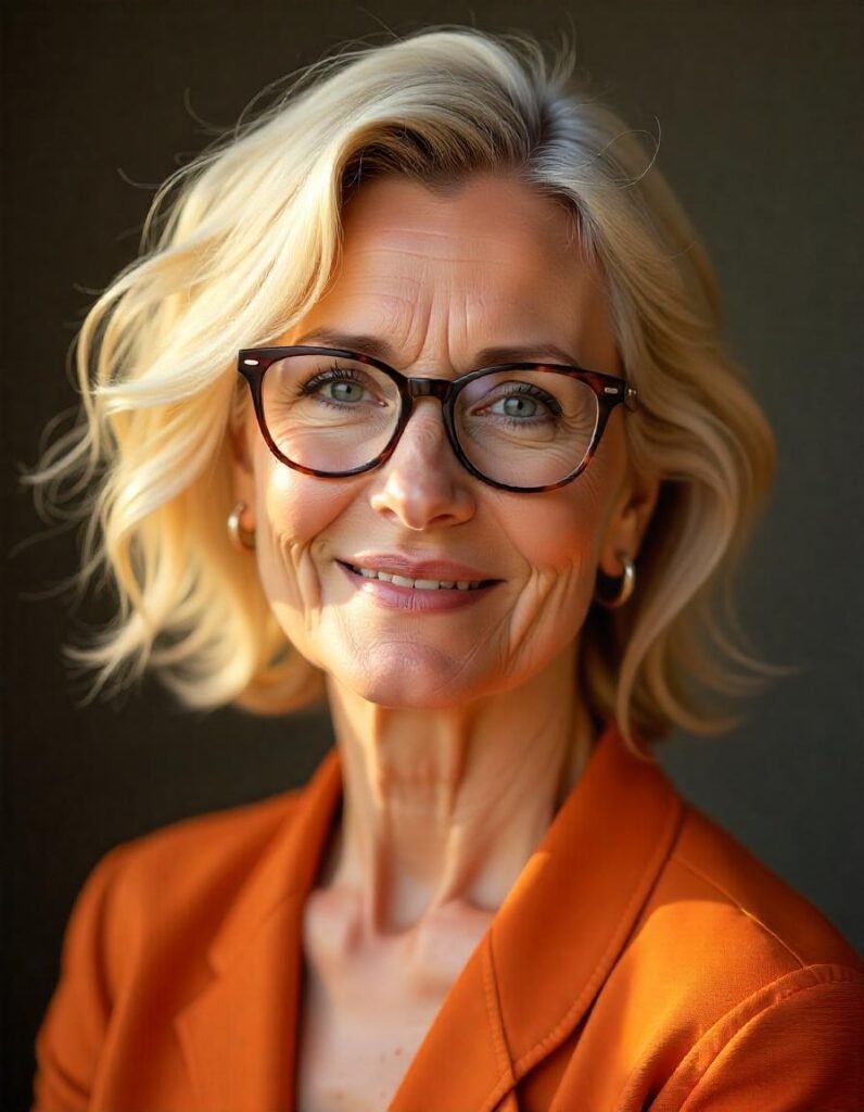 Razor shag haircut with stylish glasses on a mature woman over 50, dressed in a pastel-colored dress, showcasing a youthful and chic look with soft, voluminous hair.