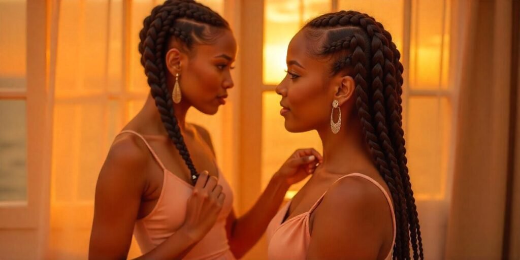 Thick jumbo box braids with extensions styled in a romantic, soft-lit environment.