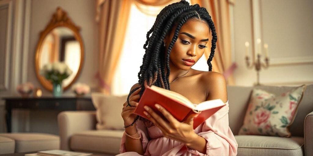 A woman with jumbo box braids and curly ends wearing a soft pink dress, sitting in a romantic indoor setting
