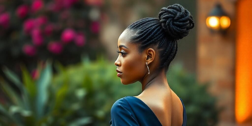 Elegant jumbo box braids updo with a high ponytail and bun for formal events. Natural neck, romantic background.