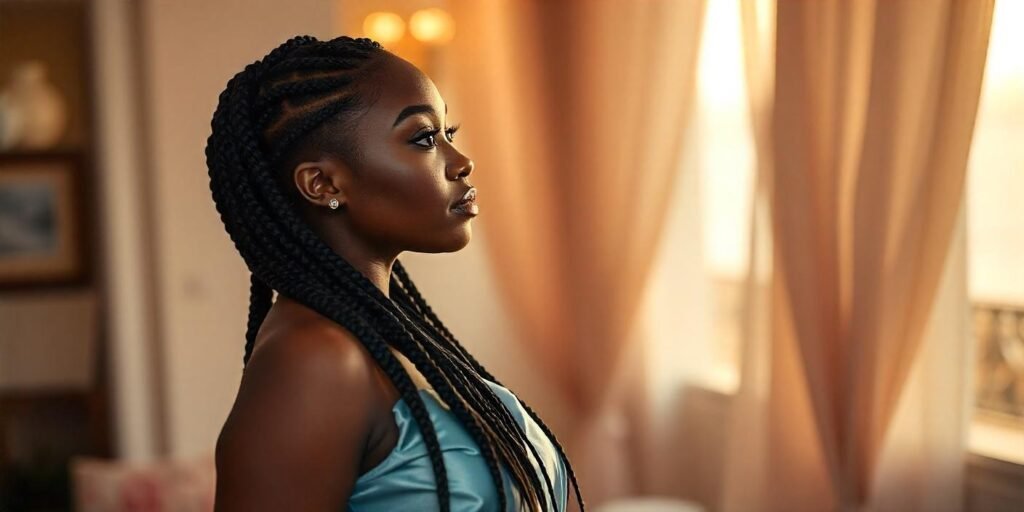 Glamorous butt-length jumbo box braids styled elegantly with a satin dress and romantic background.