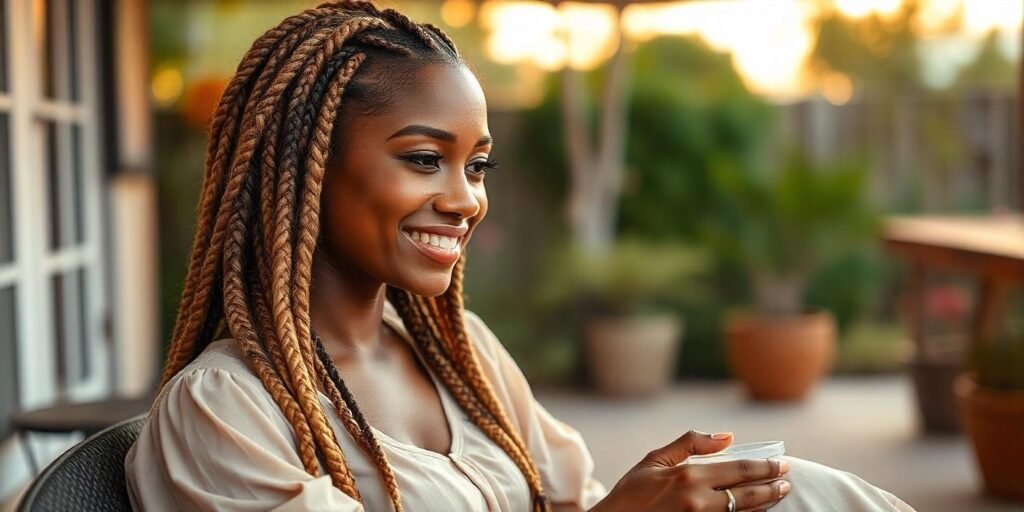 A woman with ombre honey blonde jumbo box braids, wearing a light-colored dress, relaxing in a romantic outdoor setting.
