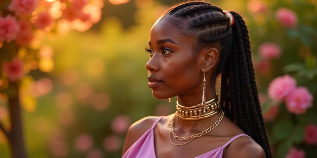 Woman with jumbo box braids, metallic cuffs, and colorful strings in a romantic outdoor setting.