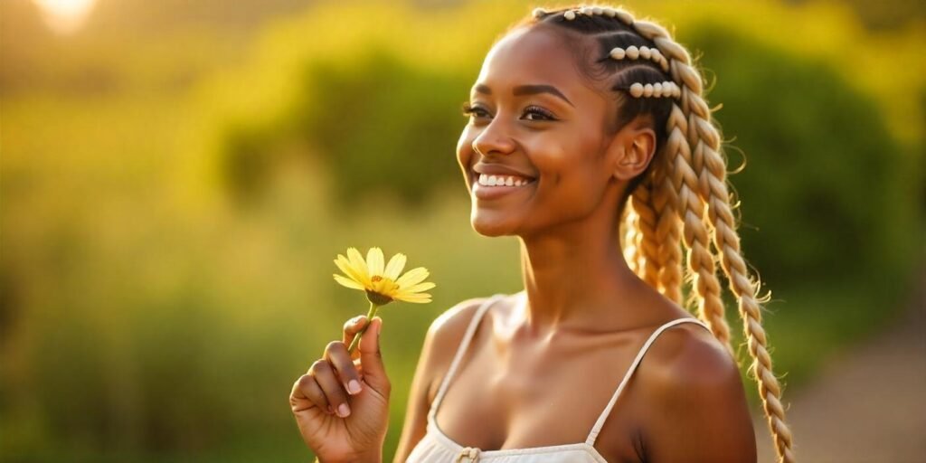 Realistic photo of jumbo box braids with blonde highlights, fresh and bold, with a romantic background.